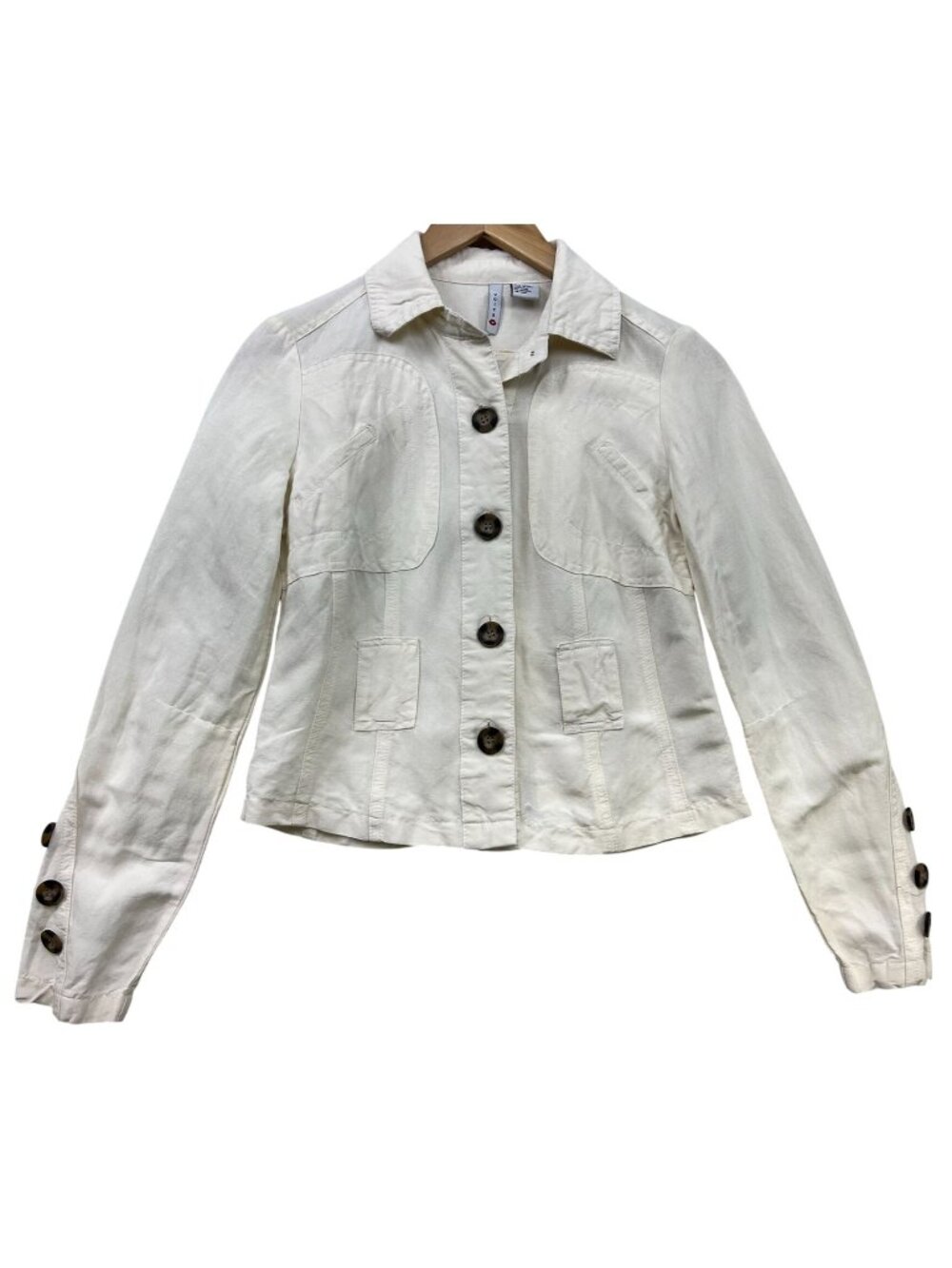 Voice Women Linen Blend Button-Front Blazer Jacket Small Beige Collared Casual